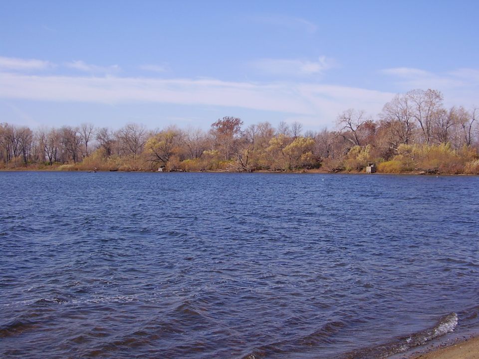 Waterfront scene with trees and blue sky. Supermotors.net logo in lower right