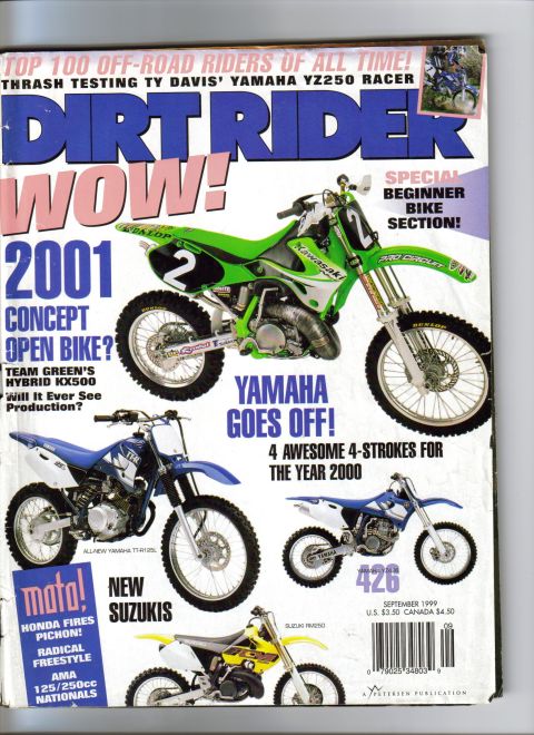 1999 Kawasaki KX500-E12 - This is the cover of Dirt Rider magazine, dated September 1999, various dirt bike models and racing news.