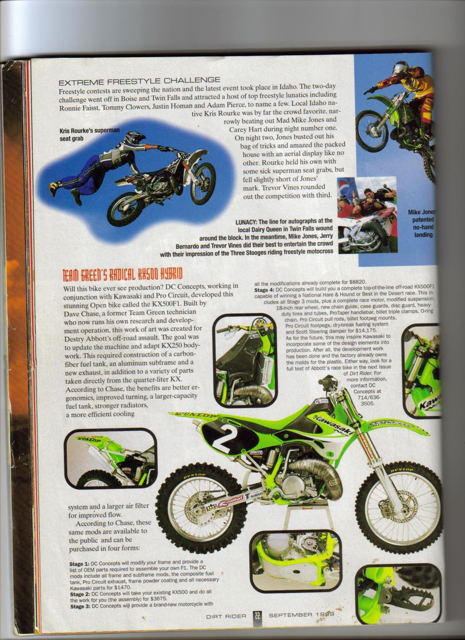 Dirt Rider magazine page featuring a green Kawasaki KX500 hybrid build