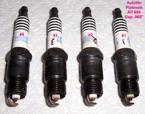 1978 Ford Mustang II - Four Autolite Platinum AP 666 spark plugs are shown, each gapped to .060 inches.