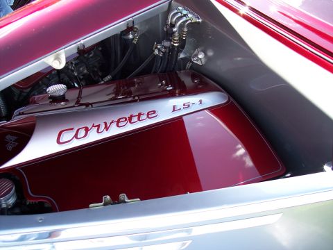 1972 Ford Ranchero - Close-up of a custom Corvette LS-1 engine cover.