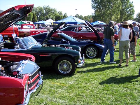 1972 Ford Ranchero - Multiple vehicles are displayed with hoods open at an outdoor car show event.
