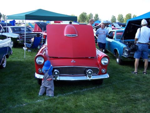 1972 Ford Ranchero - A red 1957 Ford Thunderbird is displayed with its hood up at an outdoor car show.