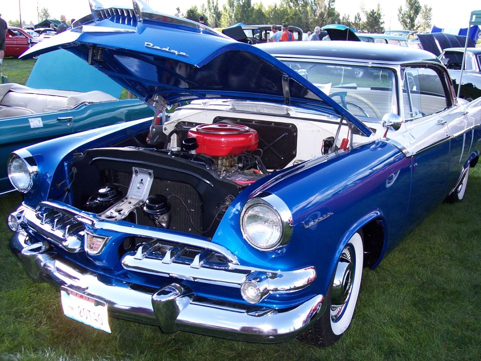 Blue and white 1955 Dodge Custom Royal with hood open, parked on grass at a car show