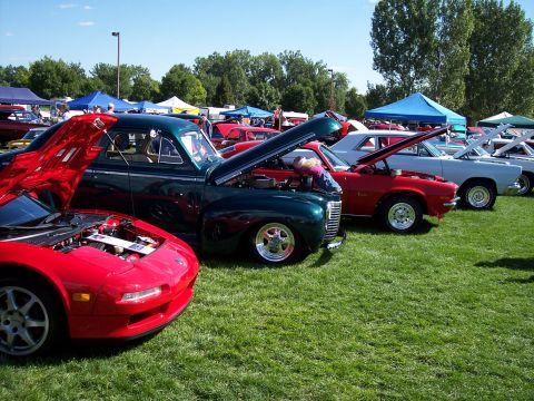 1972 Ford Ranchero - A variety of vintage automobiles are displayed on a grassy field, with their engines exposed for viewing.