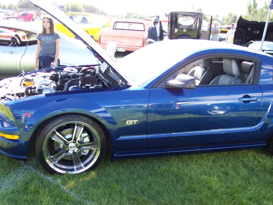 Blue Ford Mustang GT with hood open, girl in FBI shirt standing nearby. Other cars in background