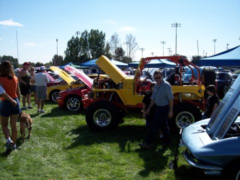 1972 Ford Ranchero - Several vehicles with hoods open are displayed on a grassy field under a clear blue sky.