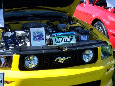 1972 Ford Ranchero - Yellow Ford Mustang on display with hood open, a red Mustang is partially visible in the background.