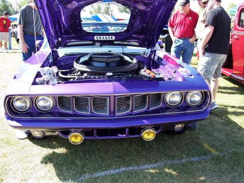 1972 Ford Ranchero - Front view of a purple 1970 Plymouth Barracuda with its hood open, displaying the engine and Shaker hood scoop.