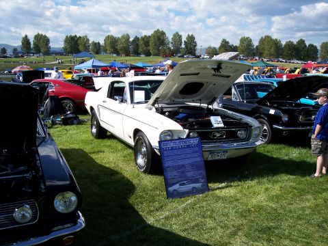 1972 Ford Ranchero - A white 1967 Ford Mustang GT is displayed with its hood open at an outdoor car show, alongside other vehicles.