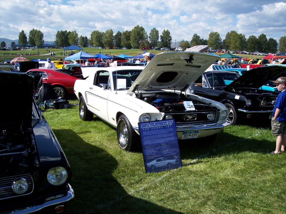 White 1967 Ford Mustang GT with hood open, parked on grass at car show
