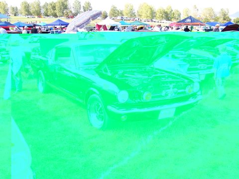 1972 Ford Ranchero - A classic Ford Mustang is displayed with its hood open at a car show, with other vehicles and tents in the background.