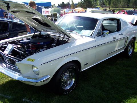 1972 Ford Ranchero - A white 1967 Ford Mustang Fastback is displayed with its hood open, the engine bay.