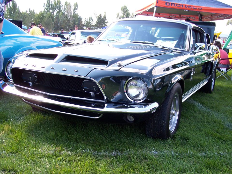 Dark green 1967 Ford Mustang Shelby GT500 with chrome accents and hood scoops parked on grass