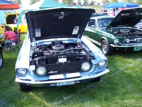 1972 Ford Ranchero - A light blue 1968 Ford Mustang GT 500 is displayed with its hood open, revealing the engine, next to a green Mustang.