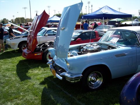 1972 Ford Ranchero - Several classic cars are displayed with their hoods open at an outdoor event.