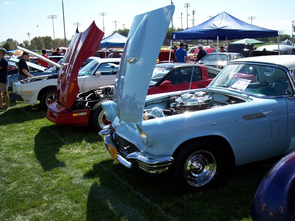 Light blue 1957 Ford Thunderbird convertible with hood open, parked on grass at a car show