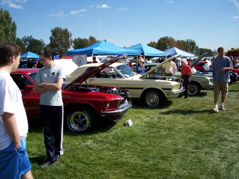 1972 Ford Ranchero - A red muscle car, likely a 1969 model, is displayed with its hood open at an outdoor car show.