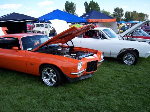 1972 Ford Ranchero - Two cars with hoods open are parked on a grassy field under tents.