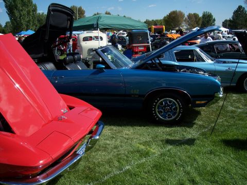 1972 Ford Ranchero - Several classic cars are displayed on a grassy field under a sunny sky.