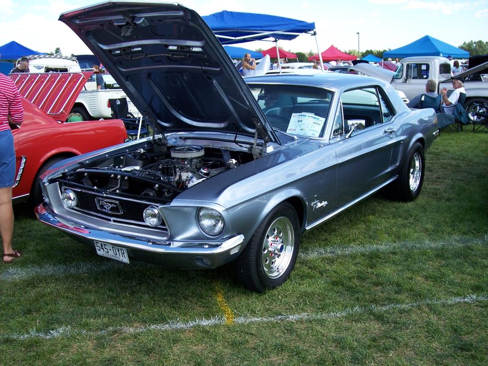 Gray Ford Mustang with hood open, parked on grass at an outdoor car show. License plate reads 545-0YR