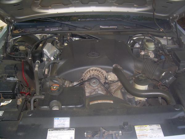 Open engine bay of a silver 1999 Ford Crown Victoria showing the 4.6L V8 and black intake cover