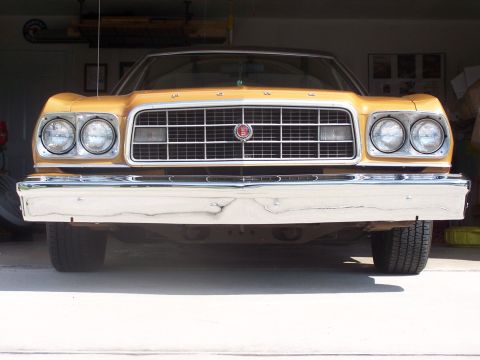 1973 Ford Ranchero - Front view of a 1973 Ford Ranchero showing its grille and headlights.