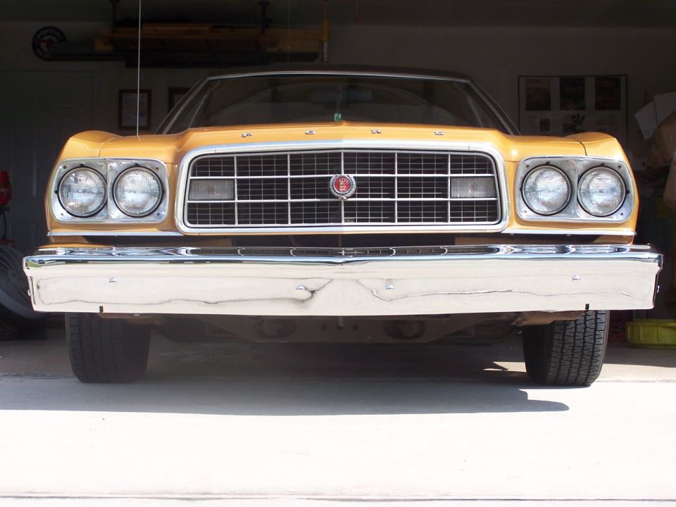 1973 Ford Ranchero front end with chrome bumper and horizontal grille