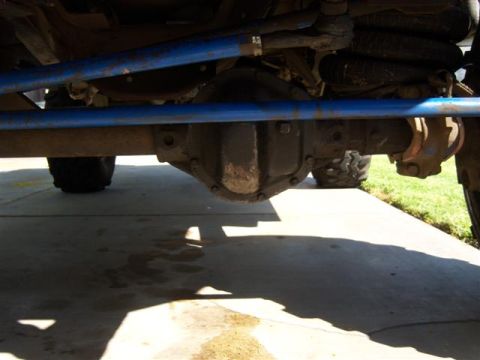 1995 Ford Bronco - Undercarriage detail showing blue suspension components and the vehicle's differential.