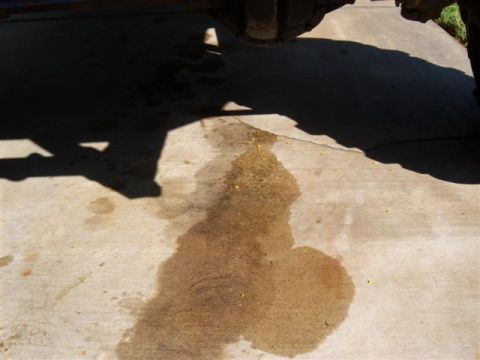 1995 Ford Bronco - A fluid leak is visible on the concrete surface, originating from under a vehicle.