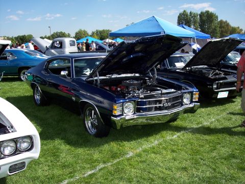 1972 Ford Ranchero - A dark blue 1970 Chevrolet Chevelle SS is displayed with its hood open at an outdoor car show.