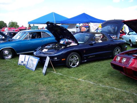 1972 Ford Ranchero - Several cars are displayed on the grass at an outdoor event, with one sports car's hood open.
