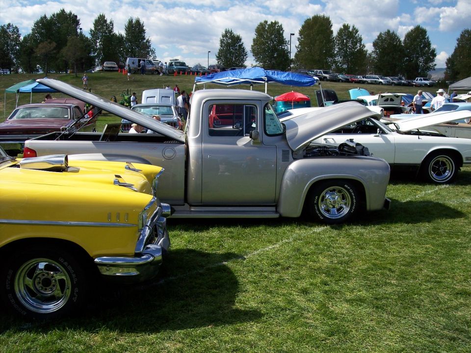 Silver 1956 Ford F-100 pickup truck, side view, hood open