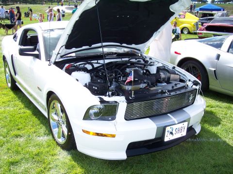 1972 Ford Ranchero - A white Ford Mustang is displayed with its hood open at an outdoor car show.