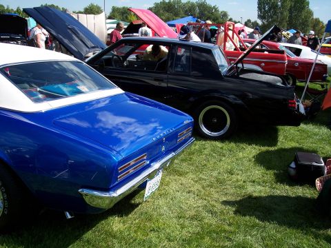 1972 Ford Ranchero - Several cars are parked on grass at an outdoor event, with hoods and trunks open.