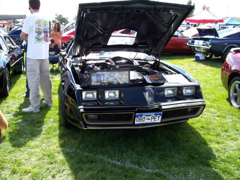 1972 Ford Ranchero - A black 1977 Pontiac Firebird Trans Am is displayed with its hood open at an outdoor car show.