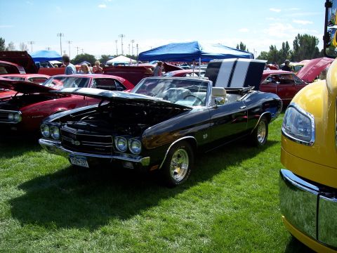 1972 Ford Ranchero - A black convertible with SS badging and racing stripes is parked on the grass at an outdoor car show.