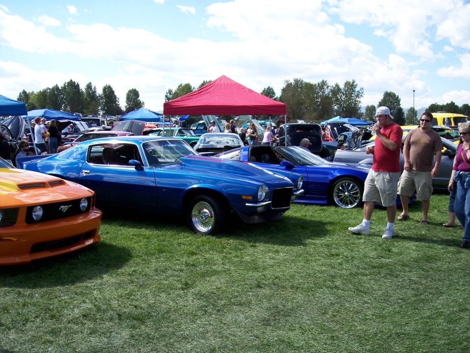 Blue coupe with a large hood scoop and chrome wheels parked on grass