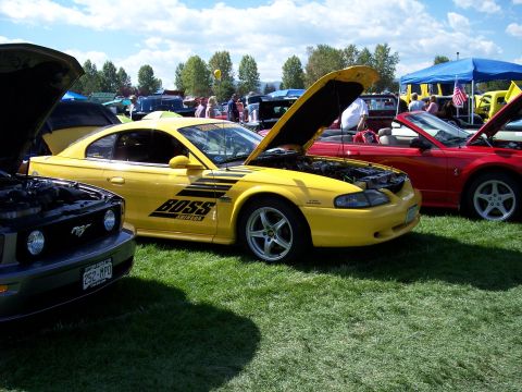 1972 Ford Ranchero - Several cars are on display at an outdoor event, with one yellow Mustang prominently featured.