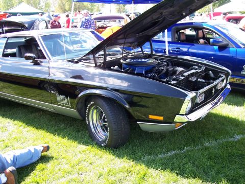 1972 Ford Ranchero - Black 1971 Ford Mustang Mach 1 at an outdoor car show with hood open.