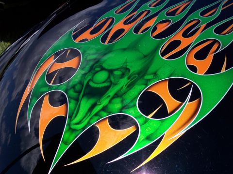 1972 Ford Ranchero - Custom airbrushed hood features a green devil with orange flames and tribal accents.