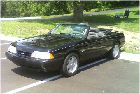 1989 Ford Mustang - A black convertible with a gray interior is parked on asphalt, showing a "5.0" badge on its fender.