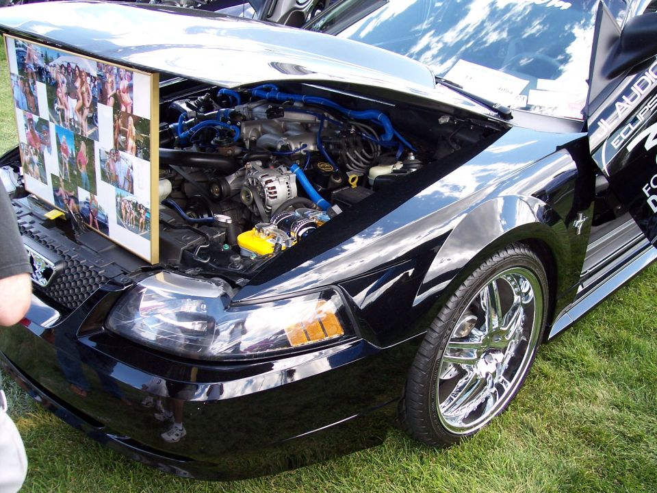 Black Ford Mustang engine bay, hood open, showing engine and a collage of photos displayed on the hood