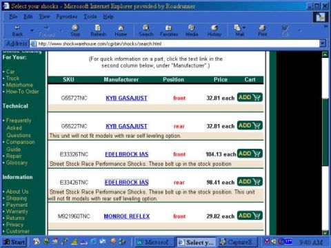 1999 Lincoln Town Car - Website displays a list of shock absorbers with manufacturer, position, and price details.