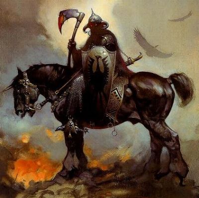 1979 Ford Ranchero - A dark knight rides a powerful horse through a fiery landscape, armed with a scythe-axe and shield.