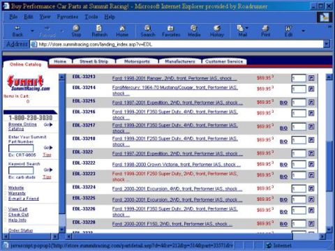1999 Lincoln Town Car - The screenshot displays a list of automotive parts available for purchase on the Summit Racing website.