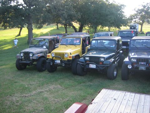 2001 Jeep Wrangler - A group of Jeep Wranglers are gathered outdoors on a grassy field under trees.