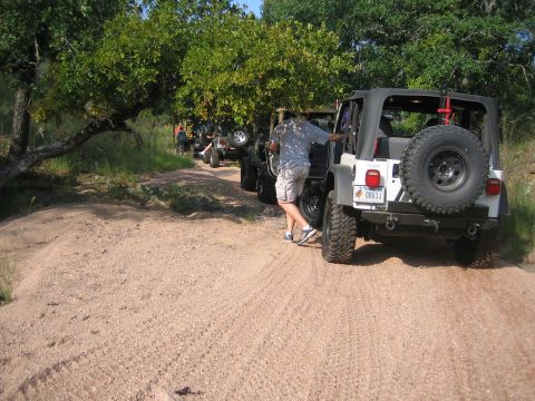 2001 Jeep Wrangler - A line of Jeep Wranglers drives down a dirt road under trees.