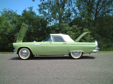 1956 Ford Thunderbird - A light green 1956 Ford Thunderbird convertible with its hood and trunk open sits parked on an asphalt surface.