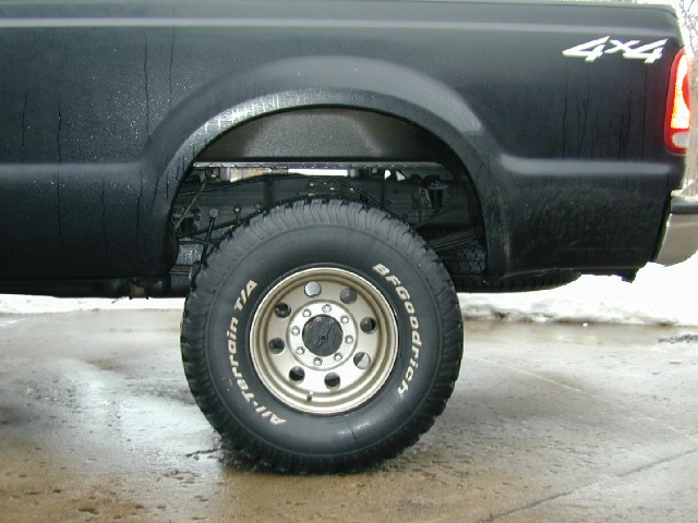 Rear wheel of black 4x4 pickup with BFGoodrich All-Terrain T/A tire on 8-lug alloy wheel